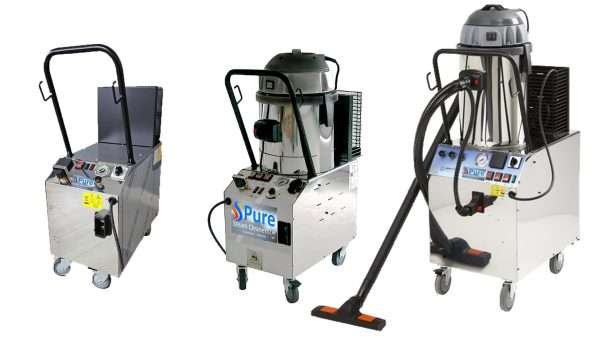 The Pure range of industrial steam cleaners for heavy duty powerful professional steam cleaning of hospitals care homes engineering facilites management contract cleaning etc