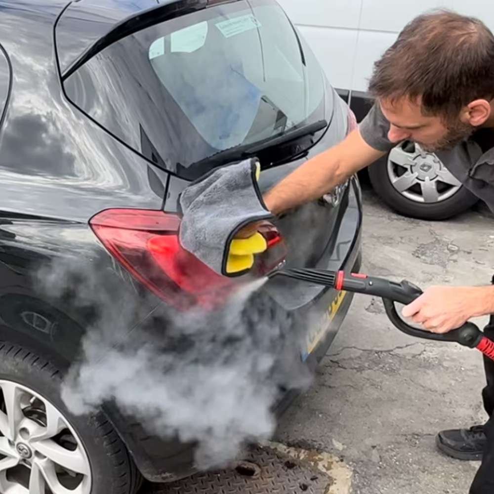 steam cleaning a car