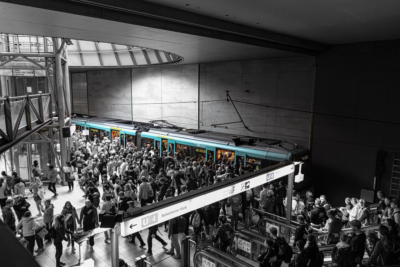 crowd, busy train station, high traffic