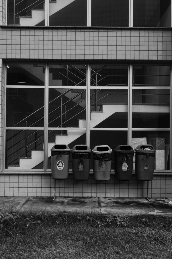 black and white bins
