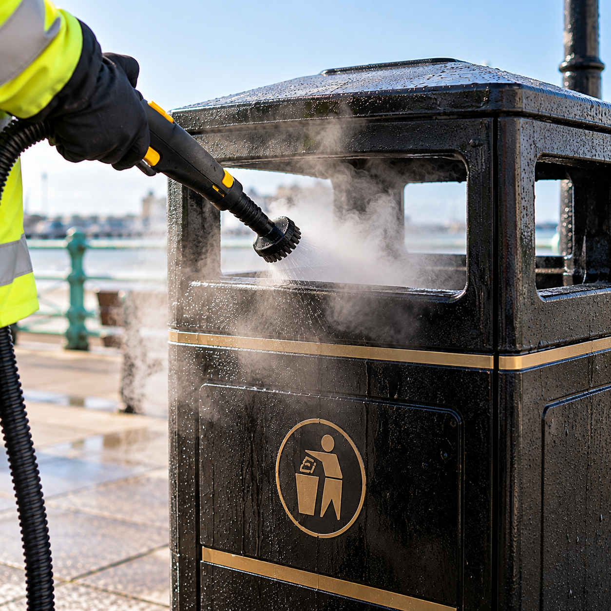 steam cleaning black public bin
