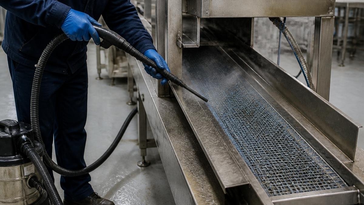 A maintenance technician in protective gloves using an industrial steam cleaner with a wand attachment to clean grease from a stainless steel conveyor belt in a factory, with the machine's vacuum hose visible and a clean floor around the work area