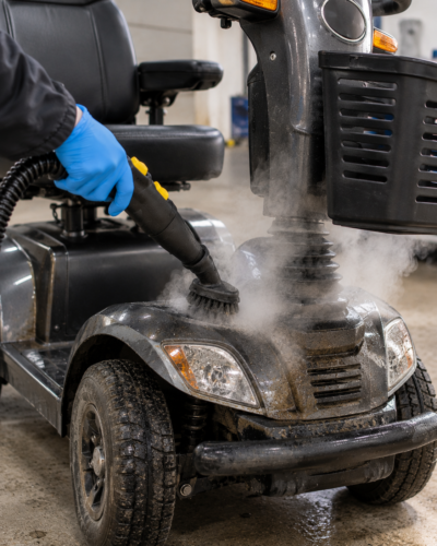 Steam Cleaning a Mobility Scooter front, oil, dirt, grease
