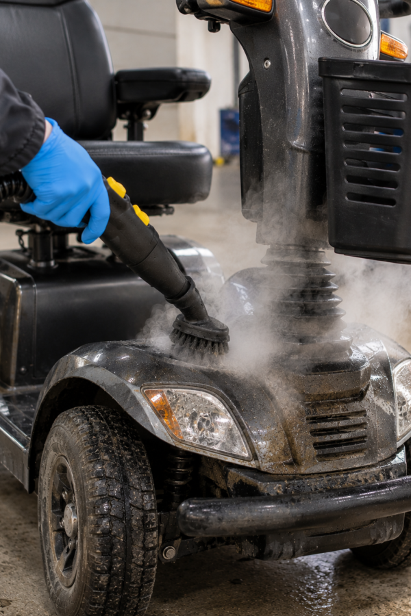 The Best Steam Cleaners For Wheel Chairs, Scooters and Buggies 5 Steam Cleaning a Mobility Scooter front, oil, dirt, grease