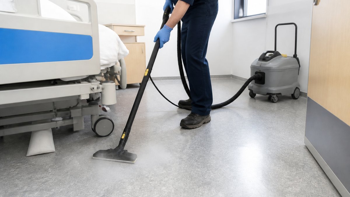 Cleaning operative using a steam cleaner on a hospital room floor