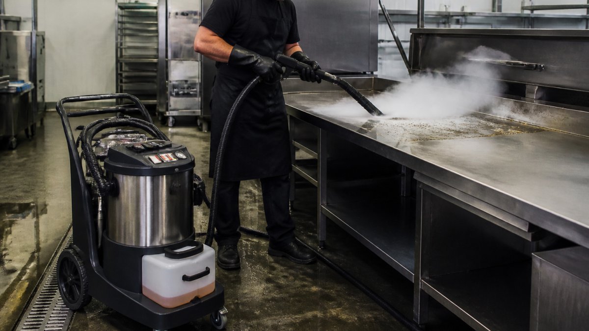 Best Heavy Duty Steam Cleaners 2026: 9 Machines Compared 2 A cleaning operative in protective gloves and apron using a wheeled industrial steam and vacuum machine to clean a large stainless steel commercial kitchen surface, with visible steam and the machine's waste tank in view