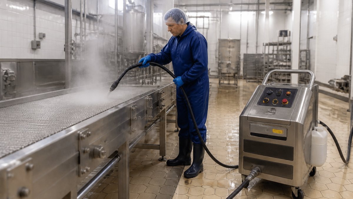 Chemical Free Cleaning for Food Plants: 7 Steps 1 A technician in blue overalls and hairnet operating an industrial steam cleaner on a stainless steel conveyor belt inside a food processing hall, steam visible, tiled floor, bright overhead lighting