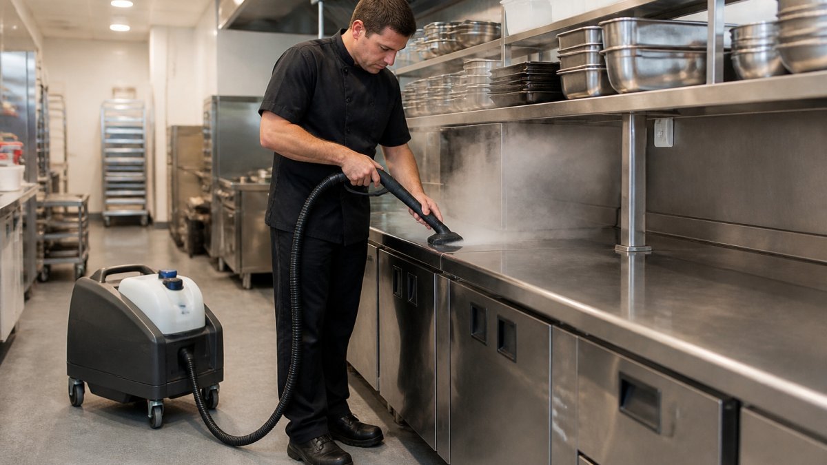Choosing a Steam Cleaner for Hospitality: 2026 Guide 1 Professional demonstrating steam cleaning technique on commercial kitchen stainless steel surfaces with trolley-mounted equipment, showing compact design in active hospitality environment