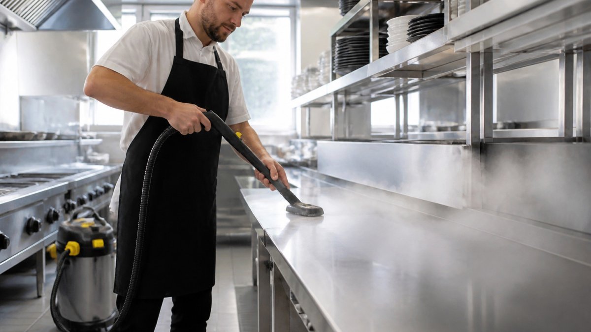 How to Calculate Return on Investment for Industrial Steam Cleaners 1 Contract cleaner using a steam wand to sanitise a stainless steel kitchen prep surface