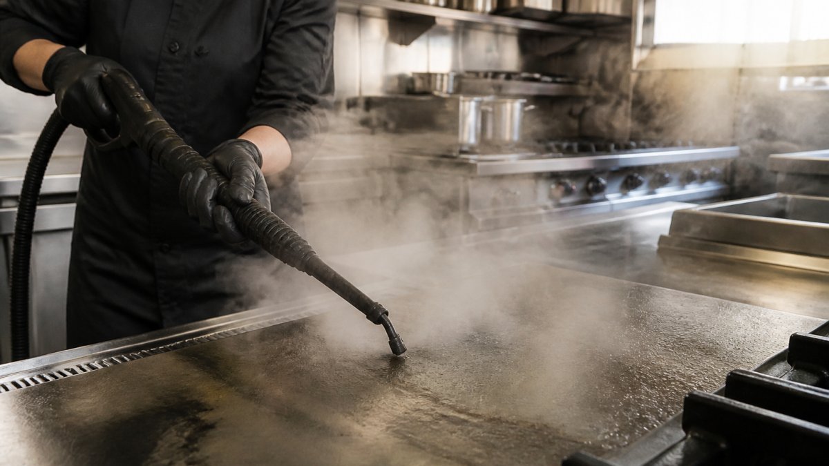 A cleaning operative in protective gloves using a commercial steam cleaner with a jet nozzle on a stainless steel commercial kitchen surface, visible steam, bright working environment