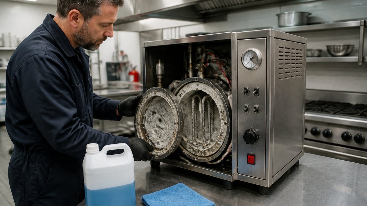 A maintenance engineer in a commercial kitchen inspecting the open boiler of a stainless steel steam cleaner, descaling solution bottle and cloth on the worktop beside him, bright overhead lighting